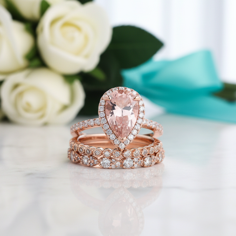 Rose Gold Peachy Tourmaline Pear Cut Halo Ring Set-Evani Jewelry