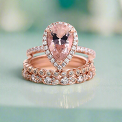Rose Gold Peachy Pink Pear Cut Diamond Halo Ring Set-Evani Naomi Jewelry