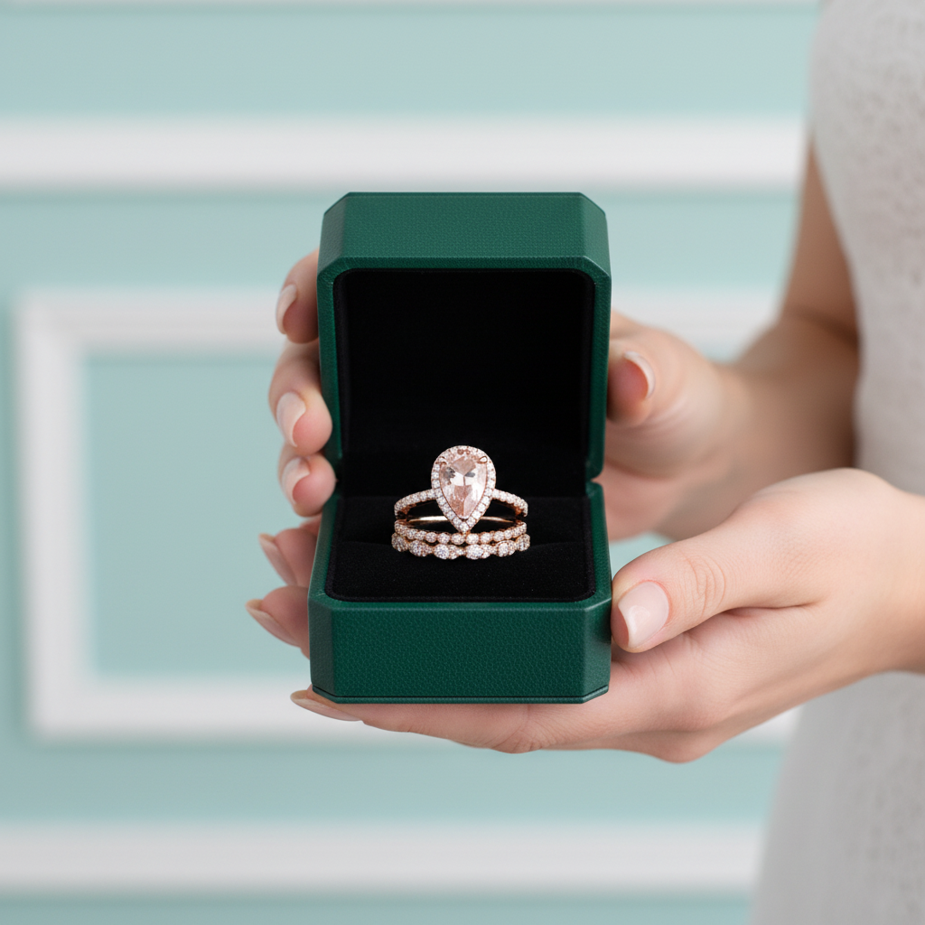 Rose Gold Peachy Pink Pear Cut Diamond Option Halo Ring Set - Evani Naomi Jewelry