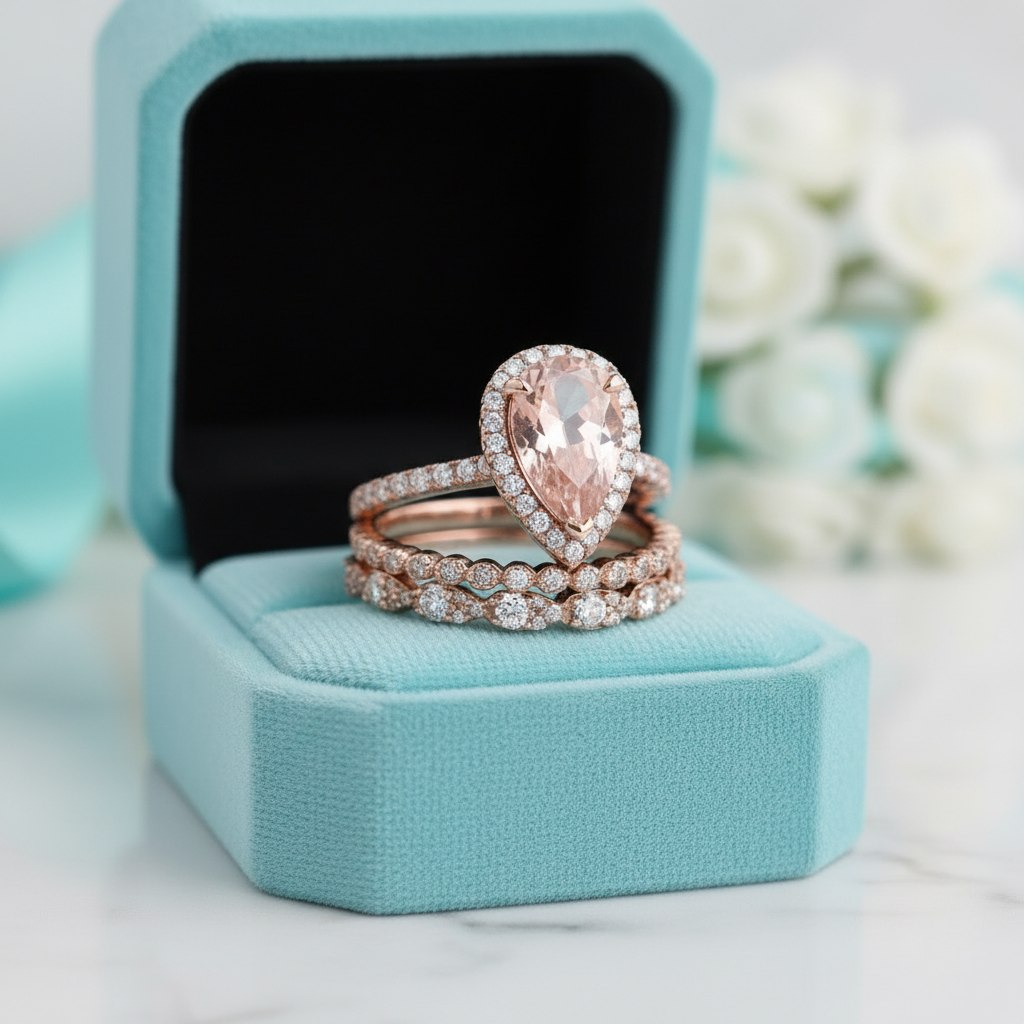 Rose Gold Peachy Tourmaline Pear Cut Halo Ring Set - Evani Naomi Jewelry