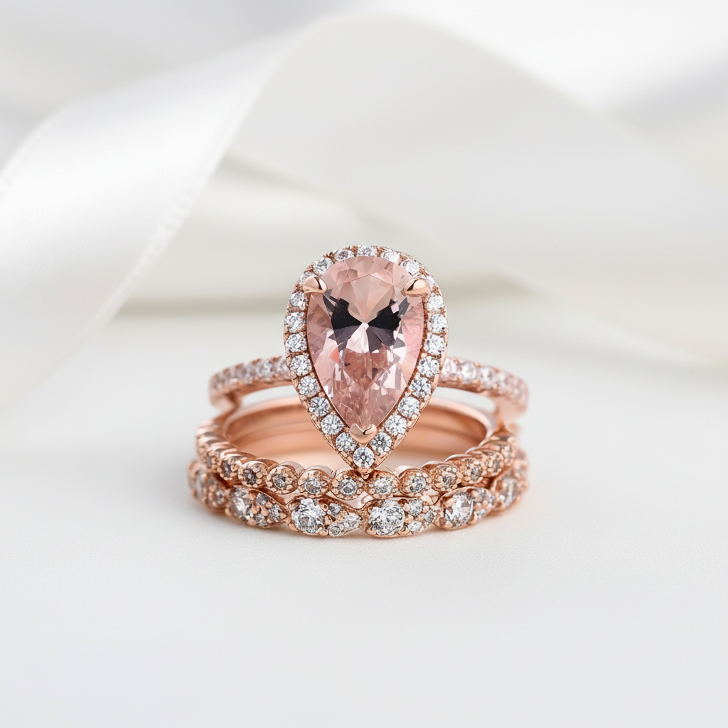 Rose Gold Peachy Tourmaline Pear Cut Halo Ring Set