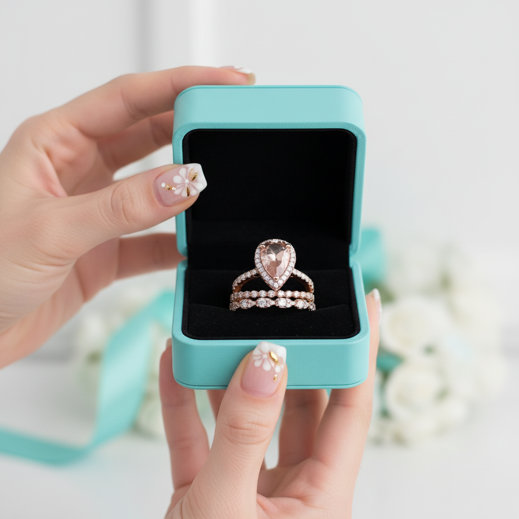 Rose Gold Peachy Tourmaline Pear Cut Halo Ring Set