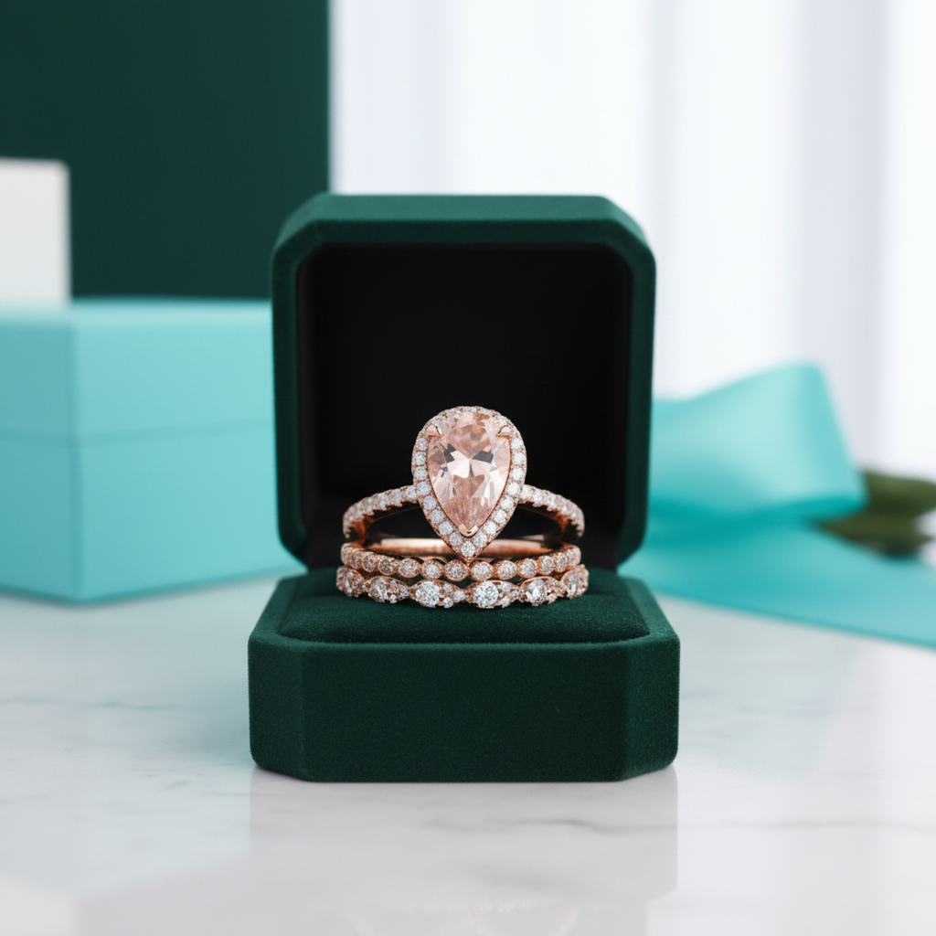Rose Gold Peachy Pink Pear Cut Diamond Option Halo Ring Set - Evani Naomi Jewelry
