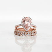 Rose Gold Peachy Pink Pear Cut Diamond Option Halo Ring Set - Evani Naomi Jewelry