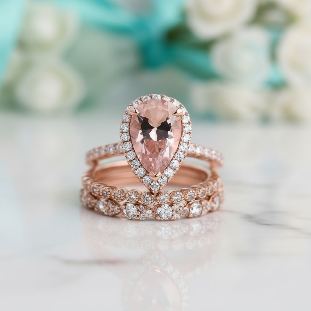 Rose Gold Peachy Tourmaline Pear Cut Halo Ring Set - Evani Naomi Jewelry