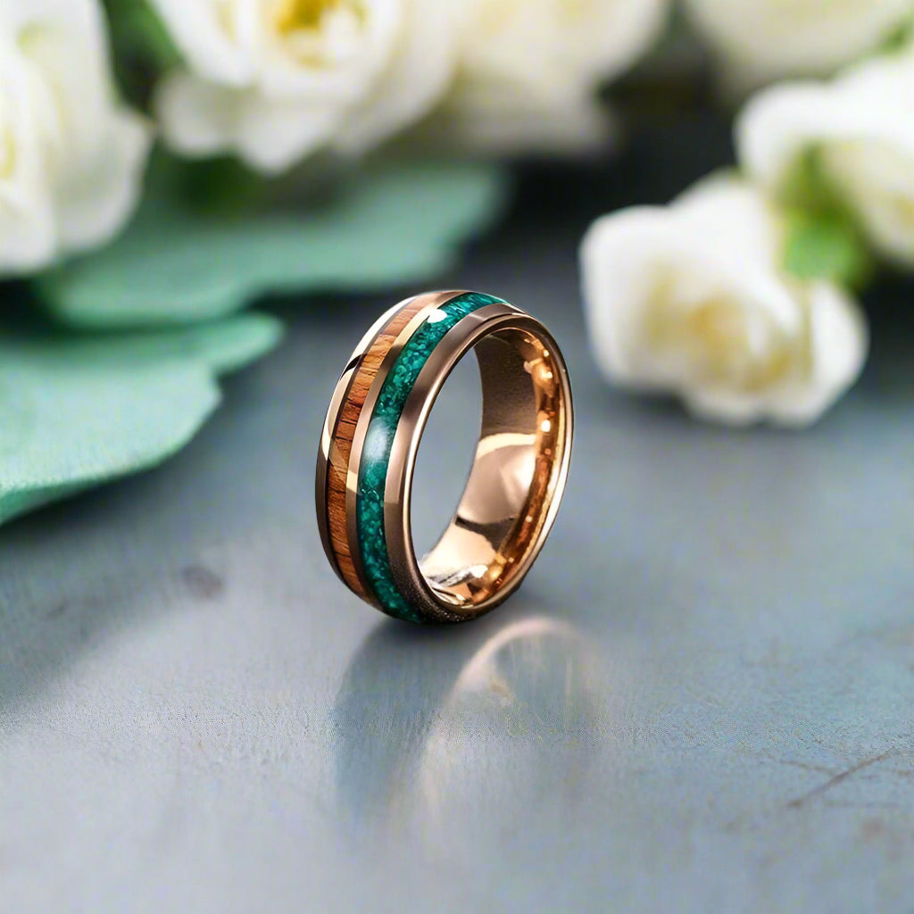 Rose Gold Tungsten Men's Wedding Band with Wood & Turquoise Inlay-Evani Naomi Jewelry