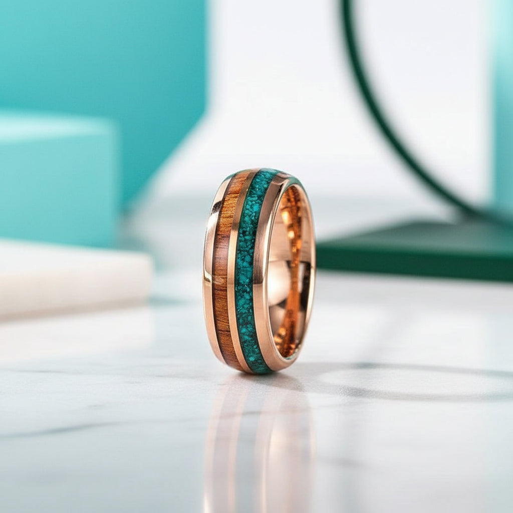 Rose Gold Tungsten Men's Wedding Band with Wood & Turquoise Inlay-Evani Jewelry