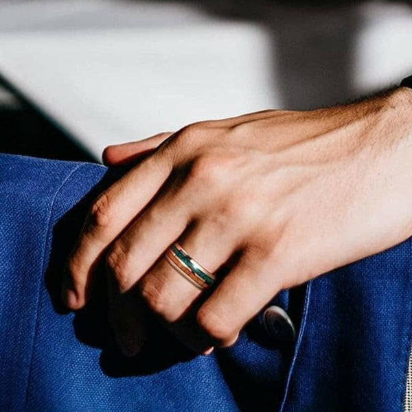 Rose Gold Tungsten Men's Wedding Band with Wood & Turquoise Inlay-Evani Naomi Jewelry