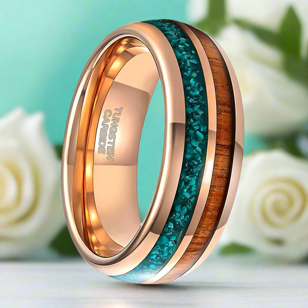 Rose Gold Tungsten Men's Wedding Band with Wood & Turquoise Inlay-Evani Naomi Jewelry