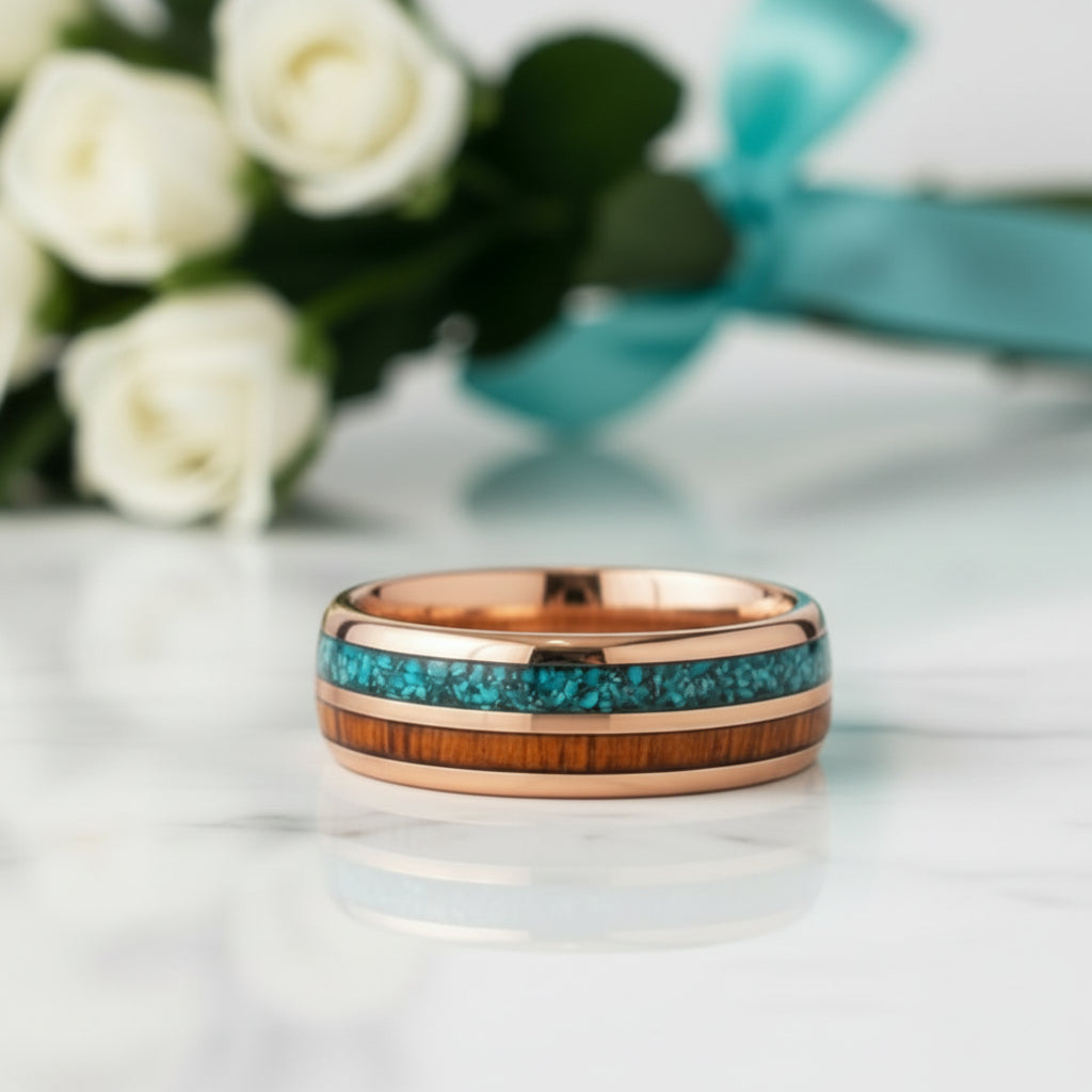 Rose Gold Tungsten Men's Wedding Band with Wood & Turquoise Inlay-Evani Jewelry