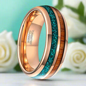 Rose Gold Tungsten Men's Wedding Band with Wood & Turquoise Inlay-Evani Naomi Jewelry