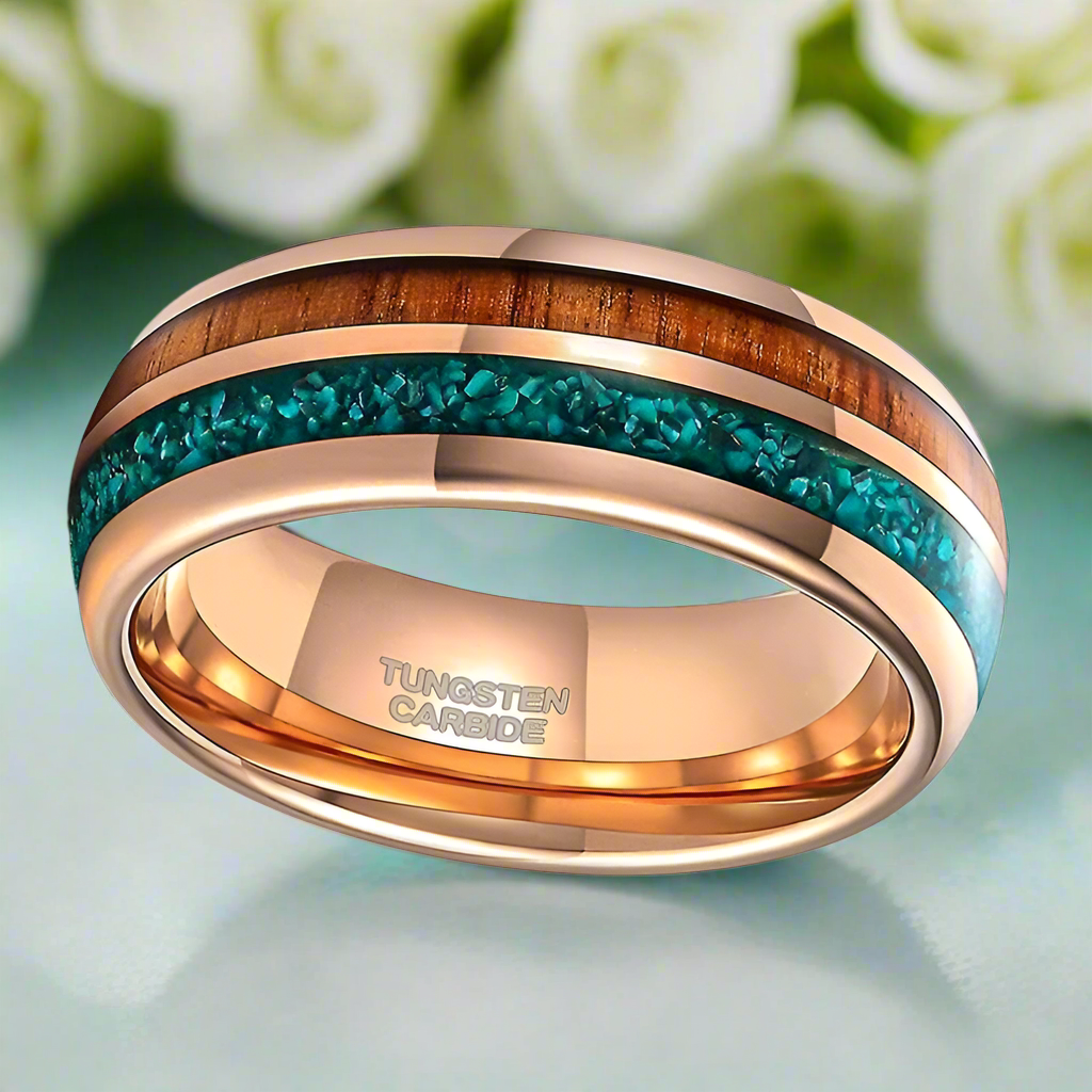 Rose Gold Tungsten Men's Wedding Band with Wood & Turquoise Inlay - Evani Naomi Jewelry