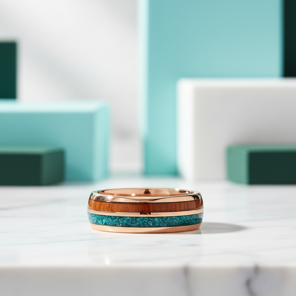 Rose Gold Tungsten Men's Wedding Band with Wood & Turquoise Inlay-Evani Jewelry