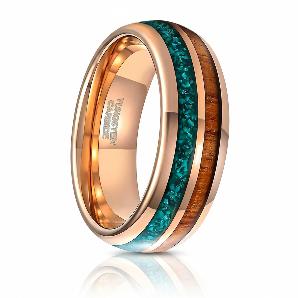 Rose Gold Tungsten Men's Wedding Band with Wood & Turquoise Inlay - Evani Naomi Jewelry
