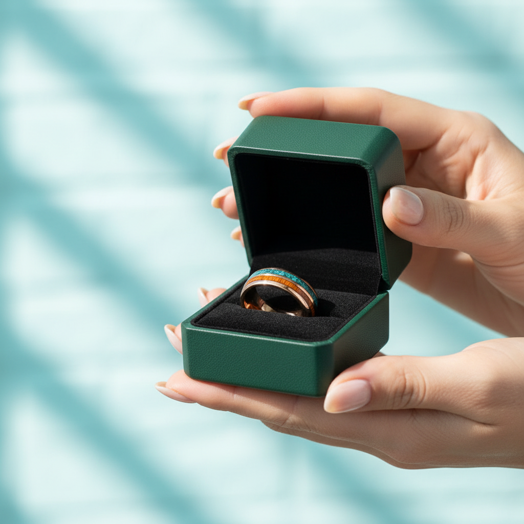 Rose Gold Tungsten Men's Wedding Band with Wood & Turquoise Inlay - Evani Naomi Jewelry