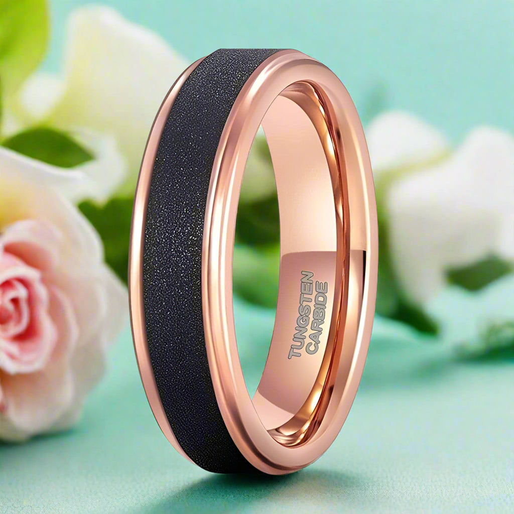 Rose Gold Unisex Tungsten Wedding Band with Sandstone-Evani Jewelry