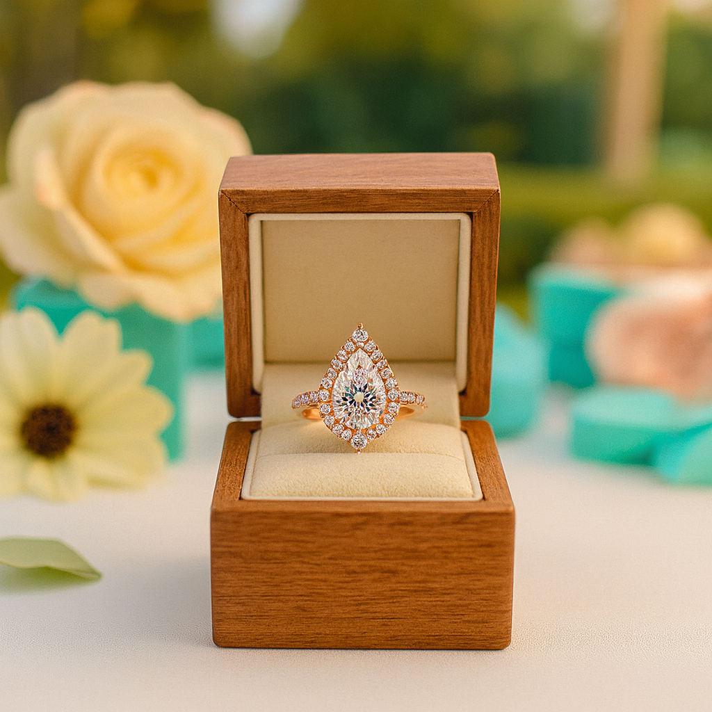 Rose gold diamond ring in a wooden box with flowers in the background