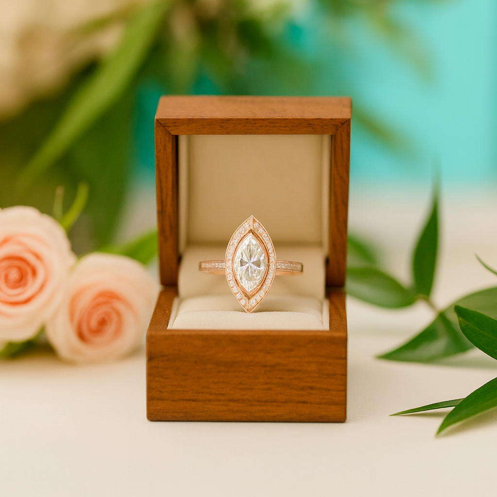 Rose gold diamond ring in a wooden box with pink roses and green leaves in the background