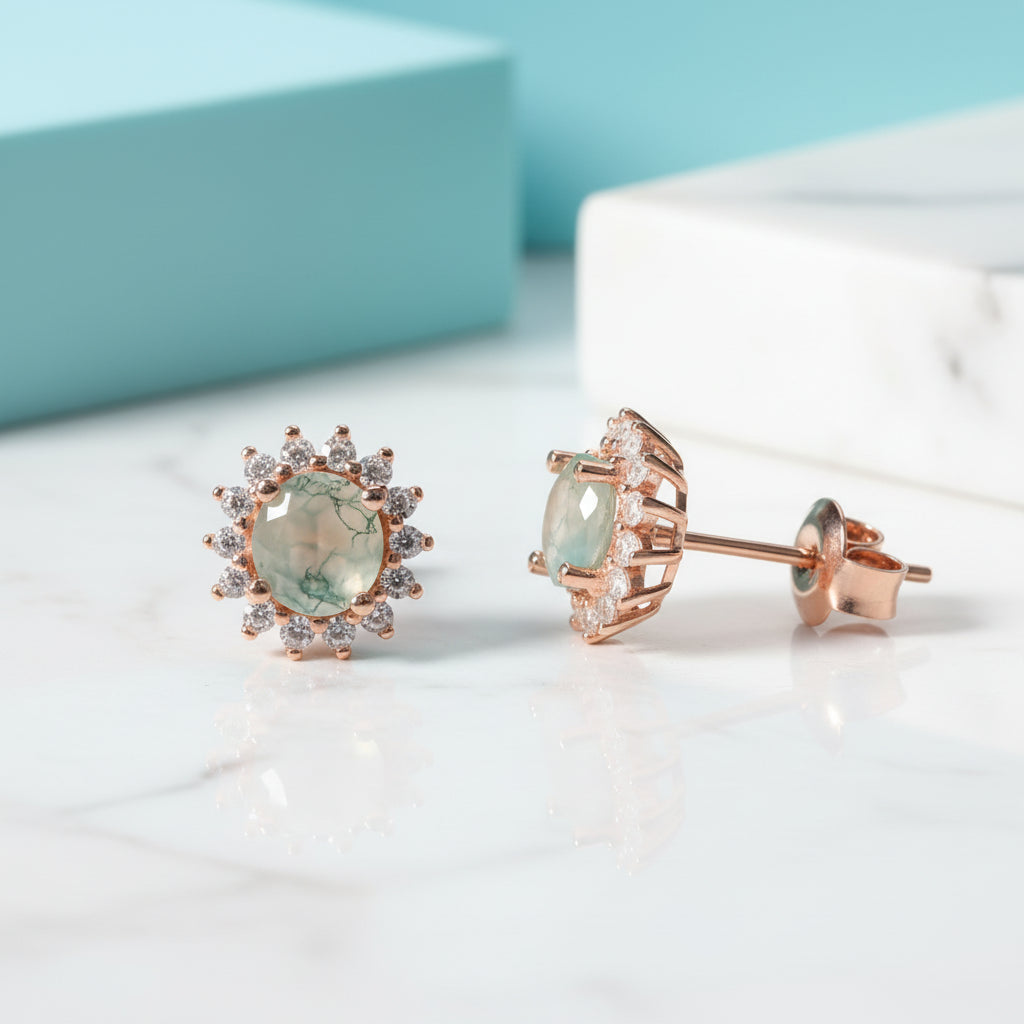 Eternal Pair- Unique Round Cut Moss Agate Snowflake Halo Studs Earrings-Evani Jewelry