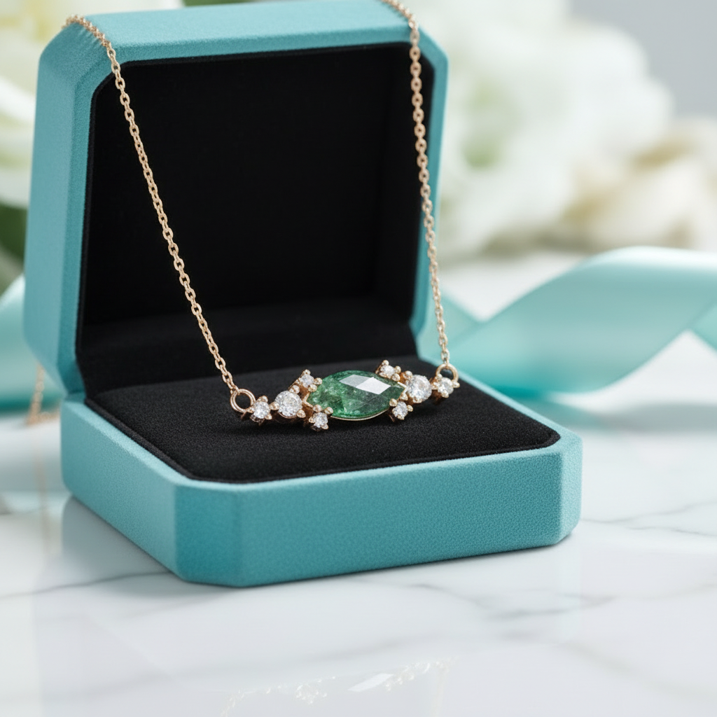 Threads of Fate- Horizontal Marquise Cut Moss Agate Pendant Necklace - Evani Naomi Jewelry