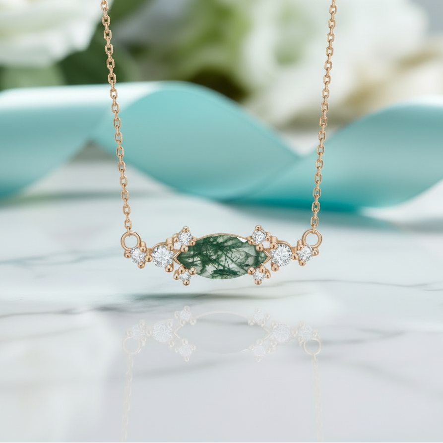 Threads of Fate- Horizontal Marquise Cut Moss Agate Pendant Necklace-Evani Jewelry