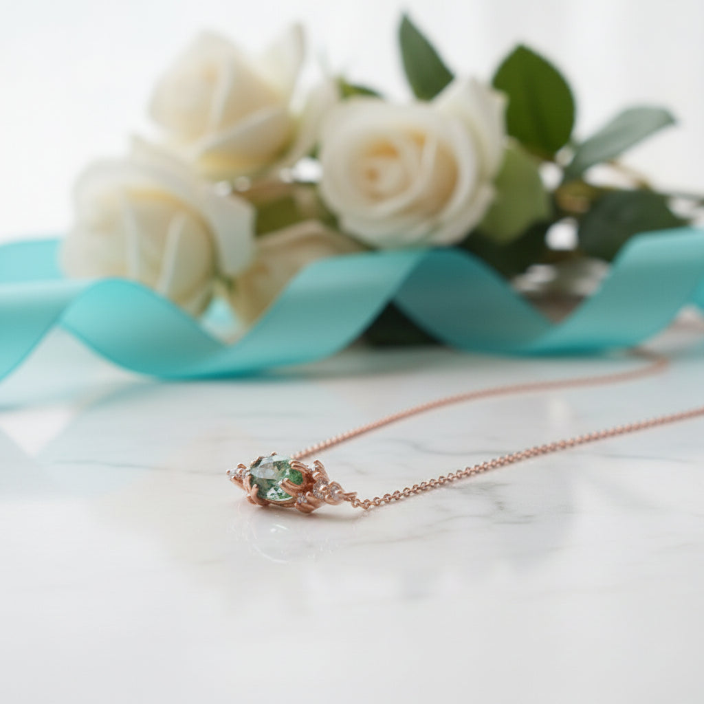 Threads of Fate- Horizontal Marquise Cut Moss Agate Pendant Necklace-Evani Jewelry