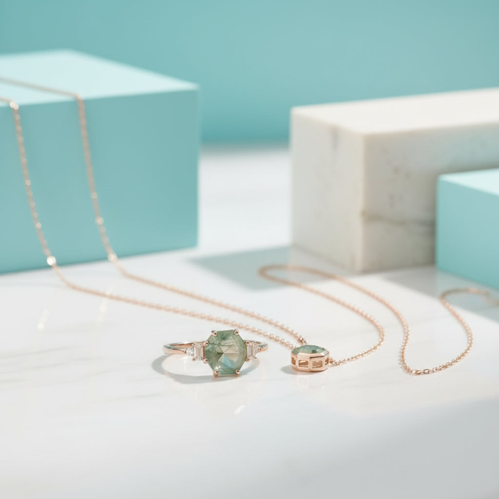Heart's Golden Hour- Hexagon Cut Natural Moss Agate Engagement Ring-Evani Jewelry