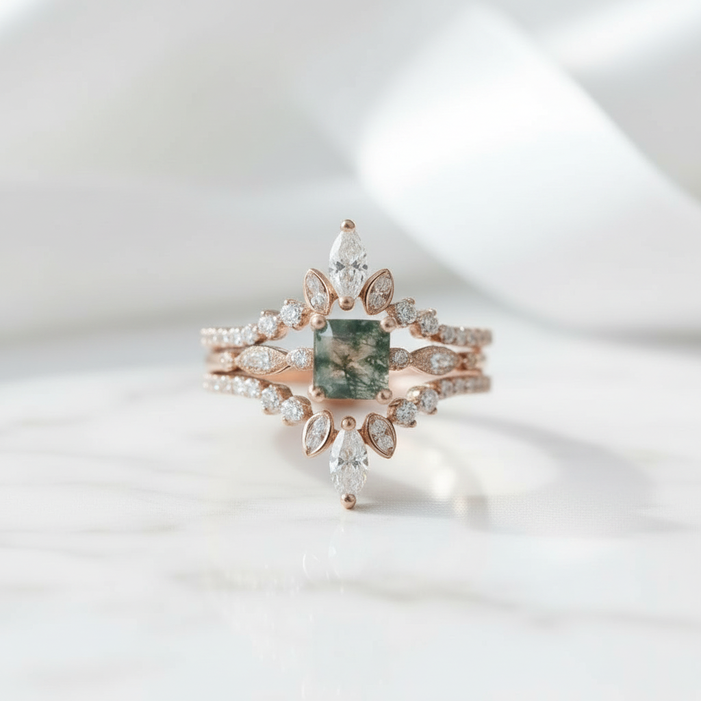 Perfect Love- Moss Agate Rose Gold Engagement Ring - Evani Naomi Jewelry