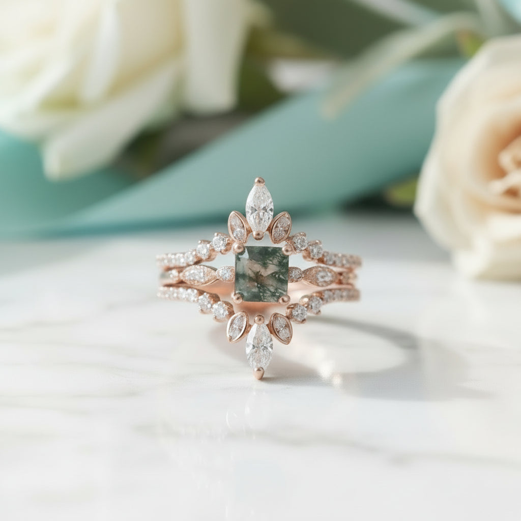Perfect Love- Moss Agate Rose Gold Engagement Ring-Evani Jewelry