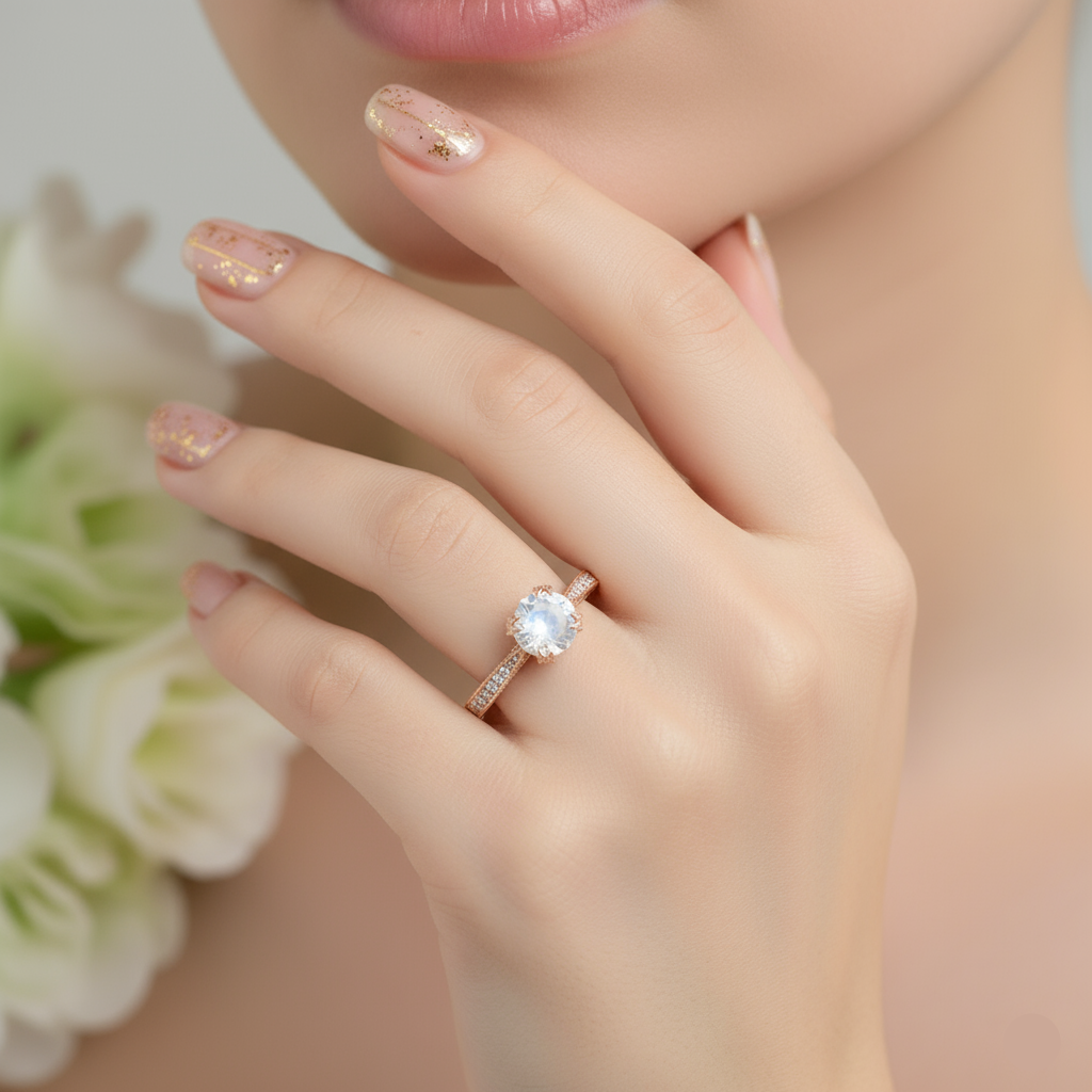Rose gold ring with a central gemstone on a light green surface