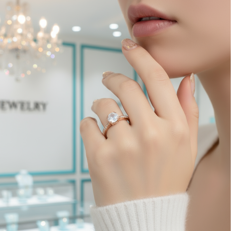 Rose gold ring with a central gemstone on a light green surface