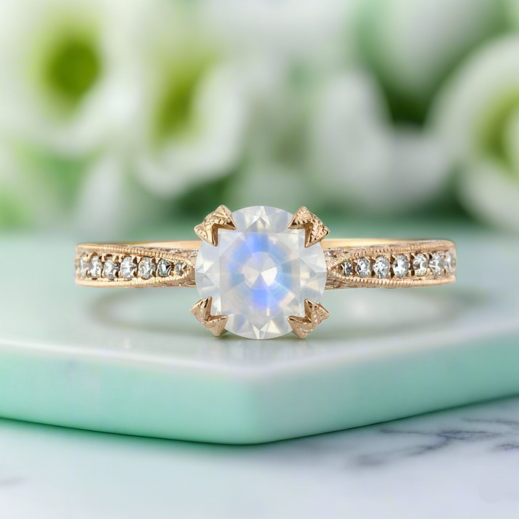 1.90 Ct Round Brilliant Cut Moonstone Diamond 14k Yellow Gold Engagement Ring