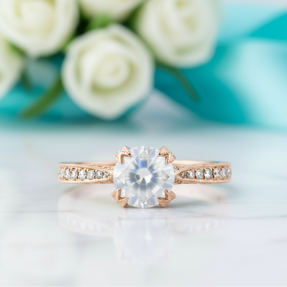1.90 Ct Round Brilliant Cut Moonstone 14k Rose Gold Engagement Ring-Evani Jewelry