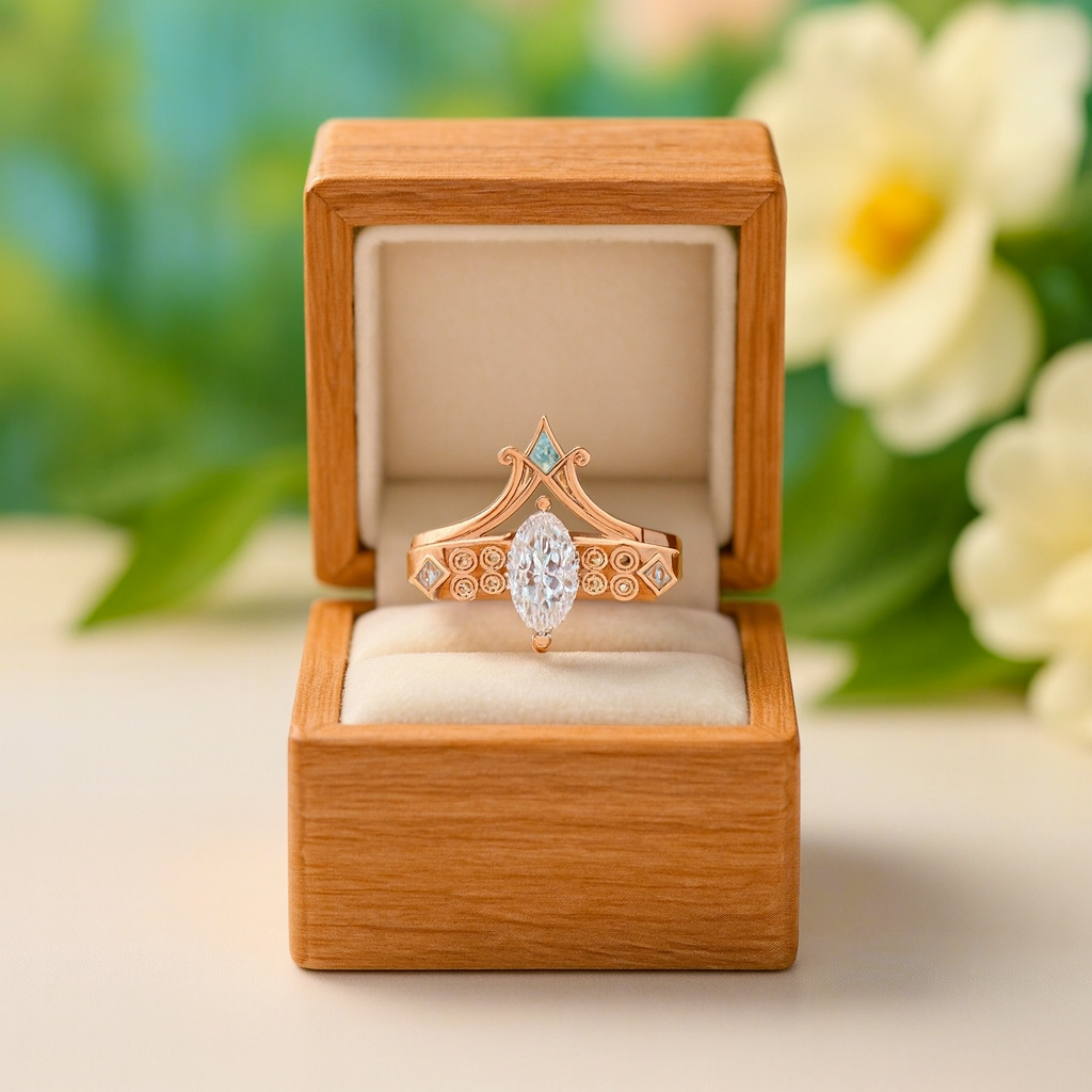 Rose gold ring with a diamond in a wooden box against a floral background