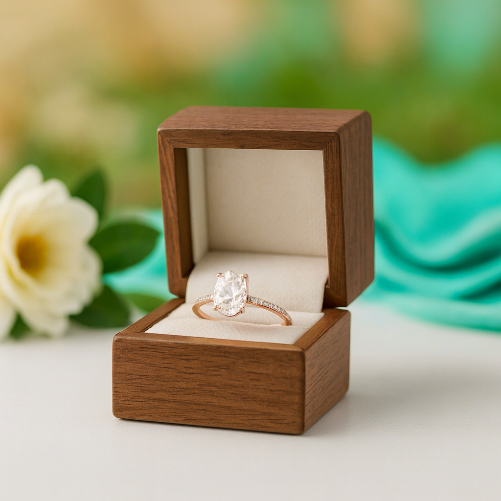 Rose gold ring with a diamond in a wooden box on a blurred floral background