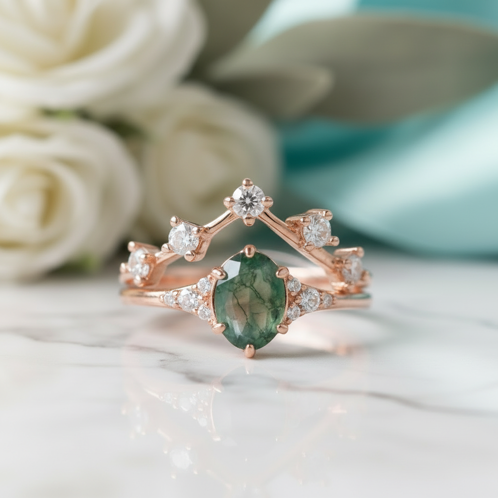 Love as Old as Time- Vintage Moss Agate Chevron Cluster Bridal Wedding Band Set Ring