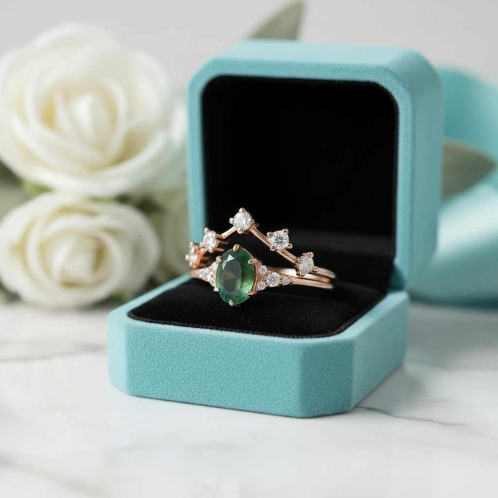 Love as Old as Time- Vintage Moss Agate Chevron Cluster Bridal Wedding Band Set Ring - Evani Naomi Jewelry