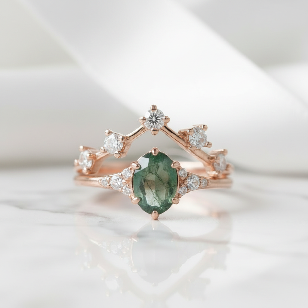 Love as Old as Time- Vintage Moss Agate Chevron Cluster Bridal Wedding Band Set Ring