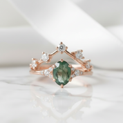 Love as Old as Time- Vintage Moss Agate Chevron Cluster Bridal Wedding Band Set Ring