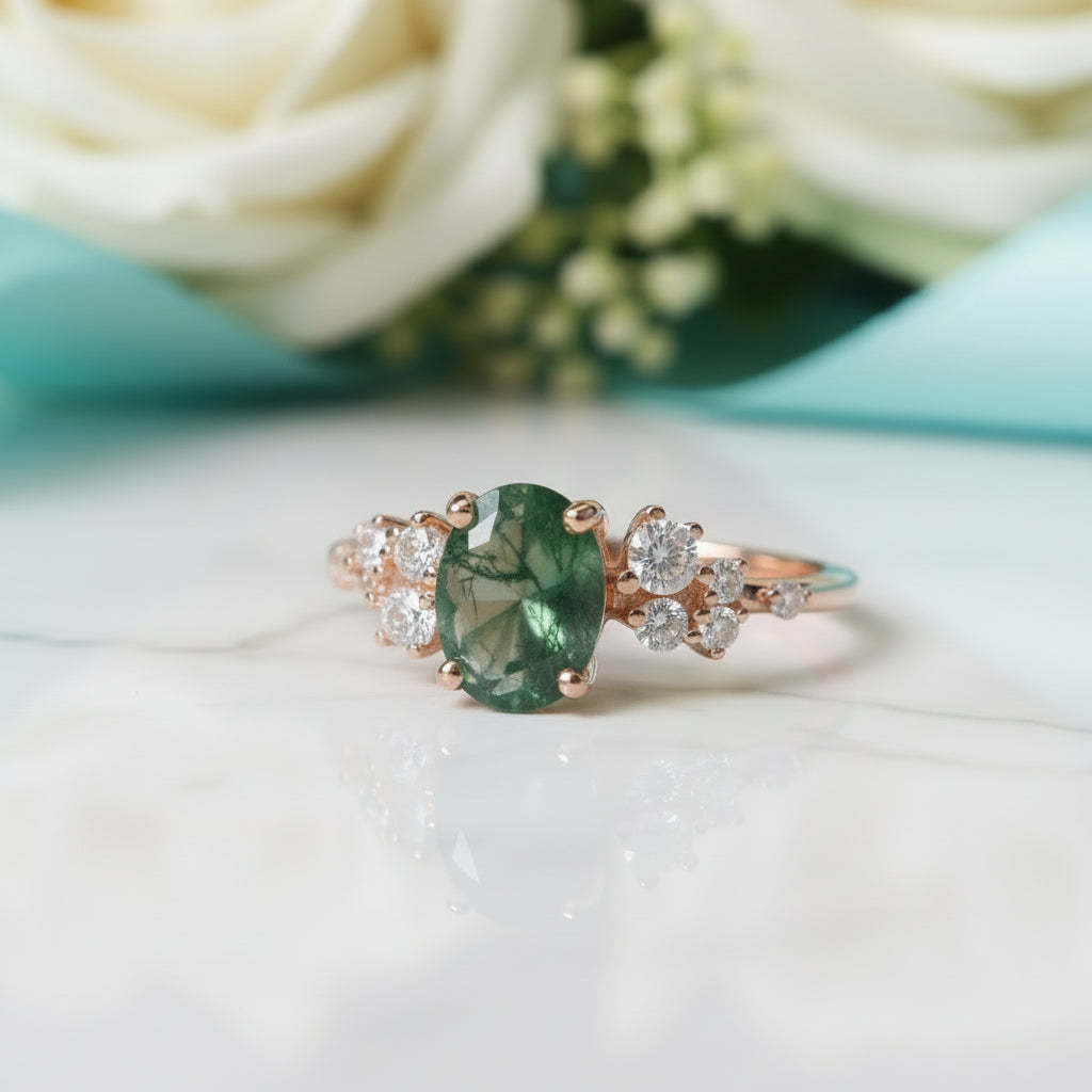 Heartfelt Gift- Oval Cut Moss Agate Antique Bridal Engagement Rings-Evani Jewelry