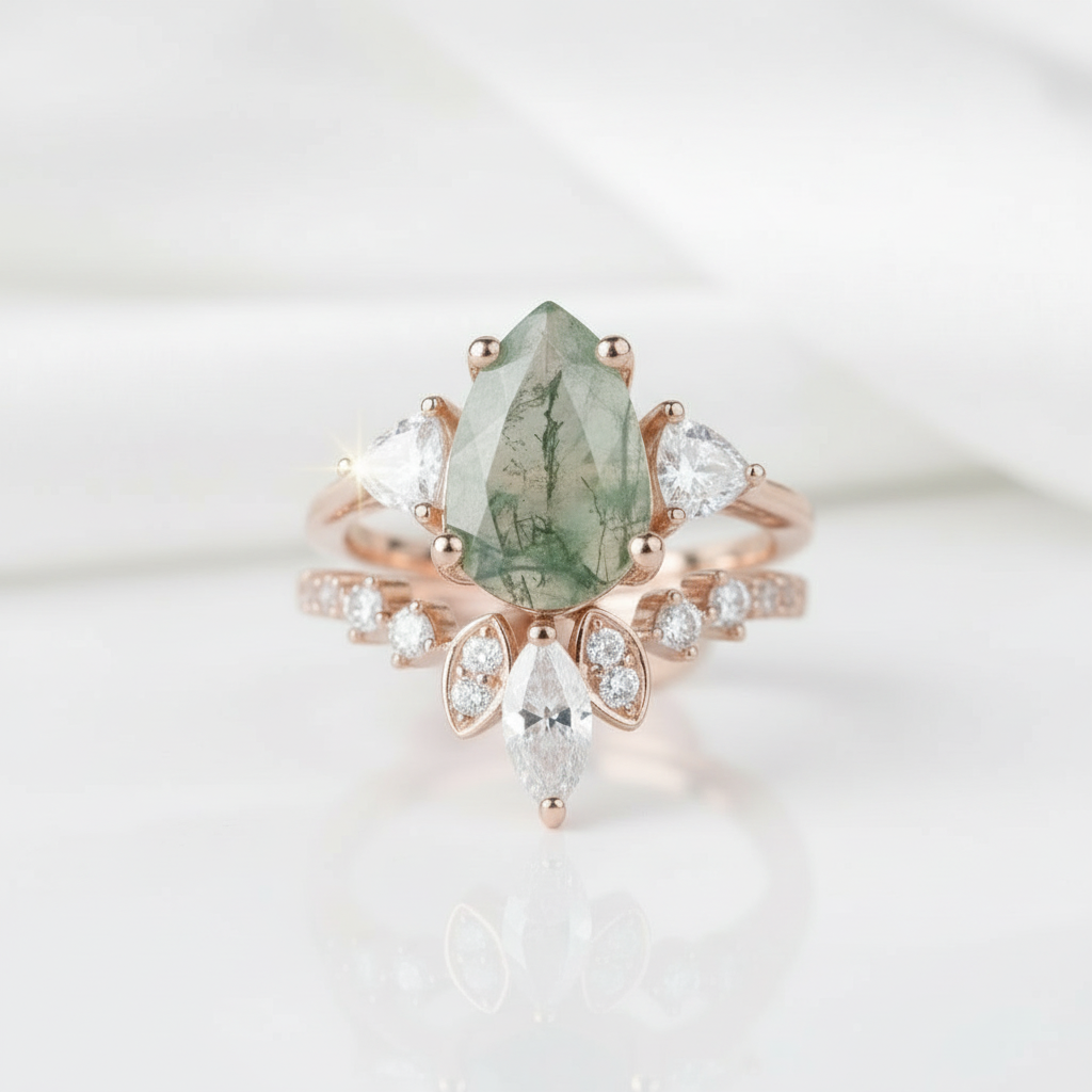 Forest's Cosmic Heart- Unique Natural Moss Agate Vintage Cluster Wedding Ring Set