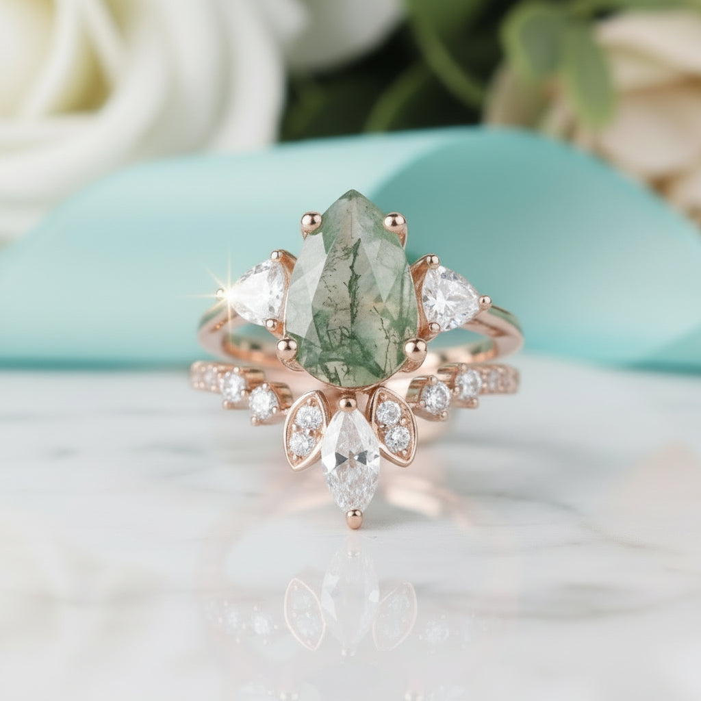 Forest's Cosmic Heart- Unique Natural Moss Agate Vintage Cluster Wedding Ring Set-Evani Jewelry