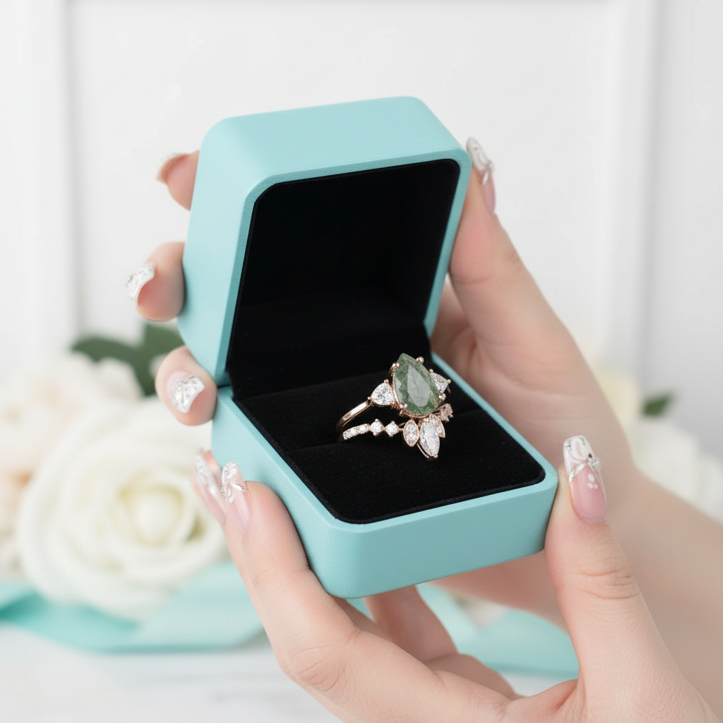 Forest's Cosmic Heart- Unique Natural Moss Agate Vintage Cluster Wedding Ring Set