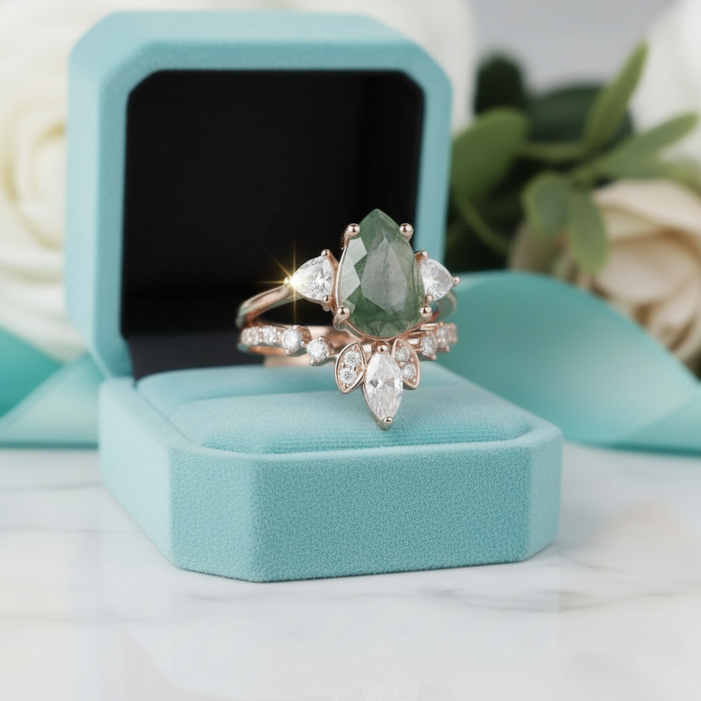 Forest's Cosmic Heart- Unique Moss Agate Vintage Cluster Wedding Ring Set - Evani Naomi Jewelry