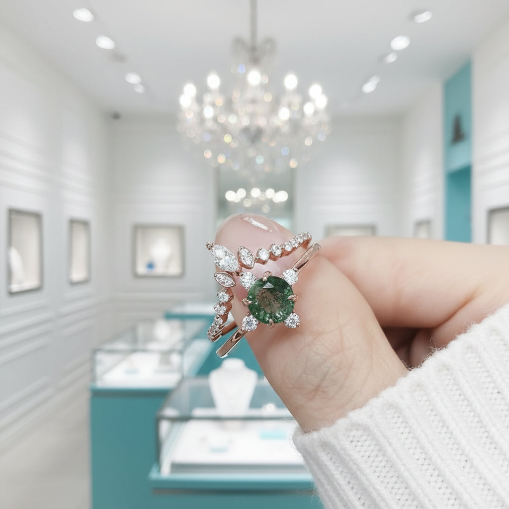 Enchanted Love- Unique Round Moss Agate Engagement Ring Set Vintage Rose Gold Ring-Evani Jewelry