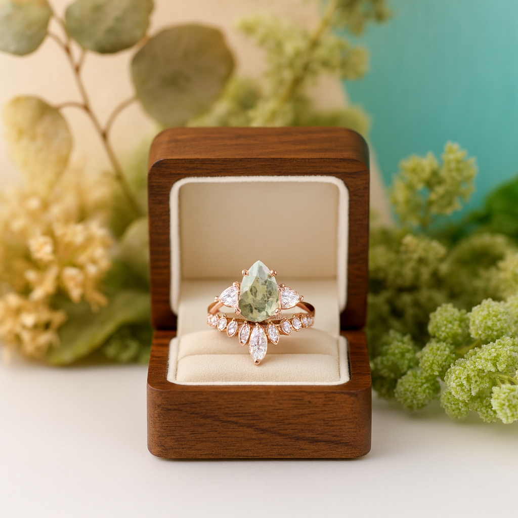 Rose gold ring with a green gemstone in a wooden box against a natural background