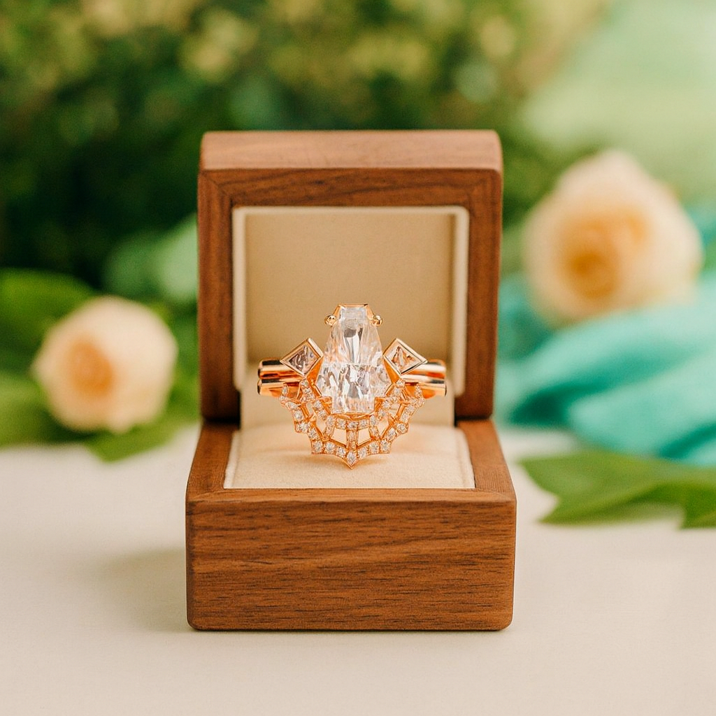 Rose gold ring with a large diamond in a wooden box against a blurred natural background