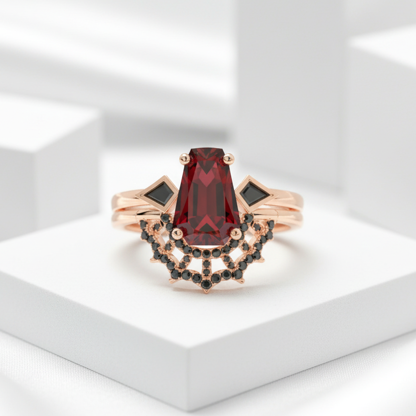 Gothic Spider Web Wedding Ring Set in 18k Gold Coffin Cut Garnet-Evani Jewelry
