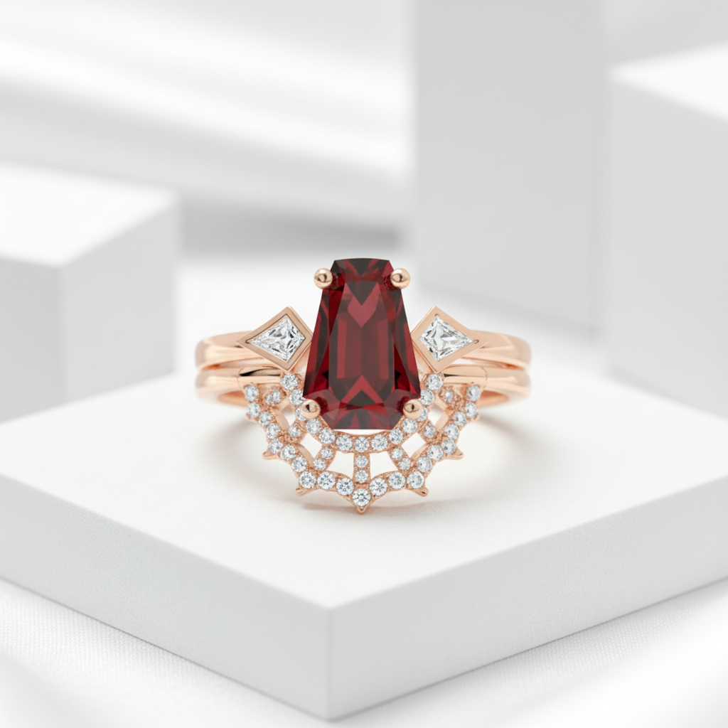 Gothic Spider Web Wedding Ring Set in 18k Gold Coffin Cut Garnet-Evani Jewelry