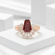 Gothic Spider Web Wedding Ring Set in 18k Gold Coffin Cut Garnet-Evani Jewelry